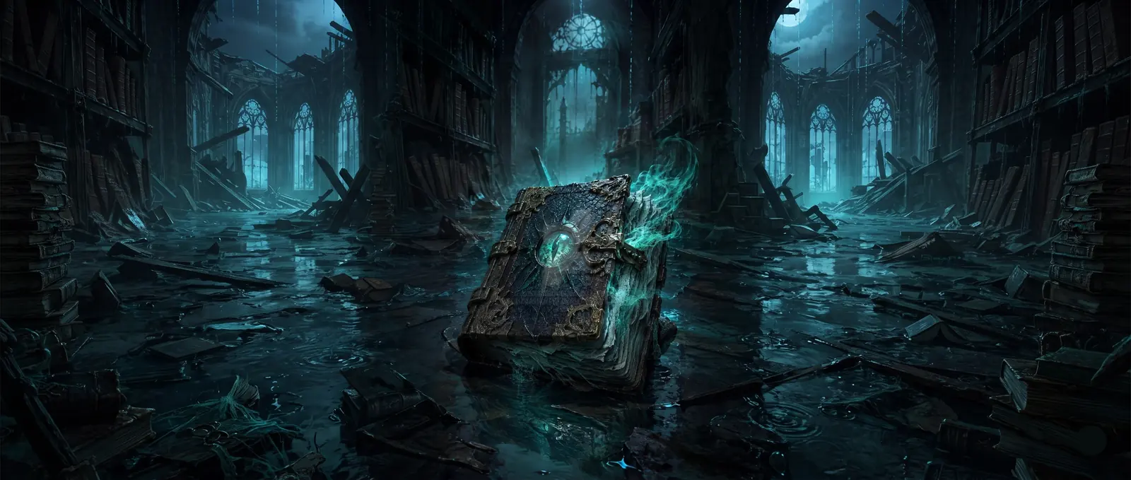A drowned library, one book still lit