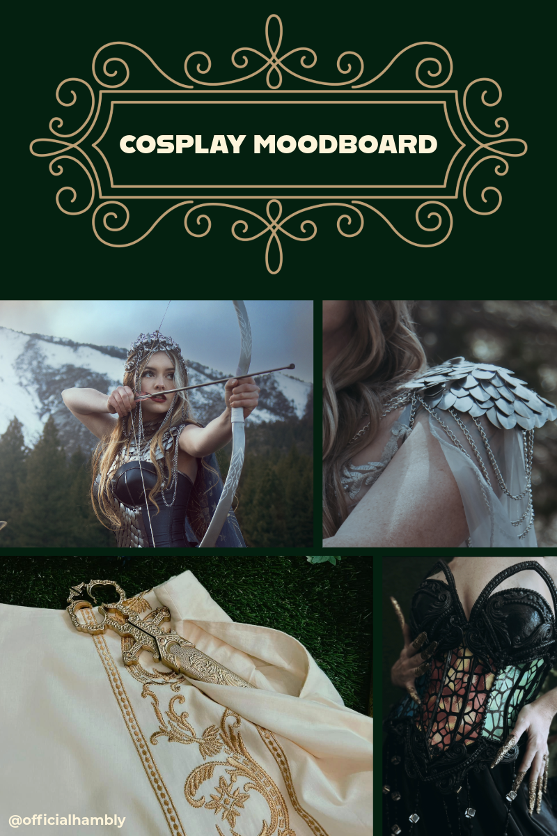 DND cosplay moodboard featuring archer, scale armor, embroidered cloak, and dark corset